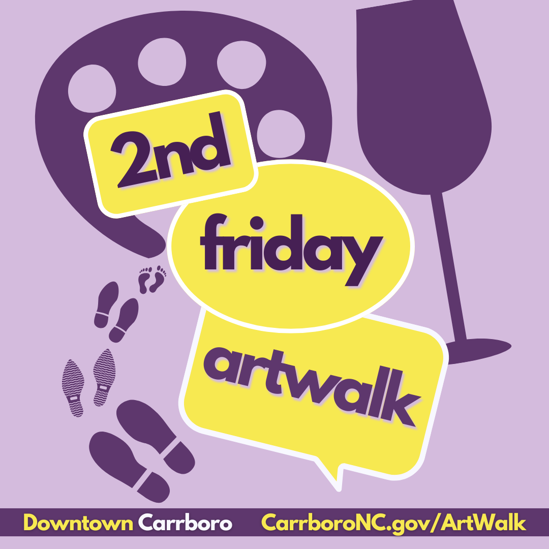 2nd Friday Art Walk: light purple background with dark purple wine glass, palette and foot prints wi