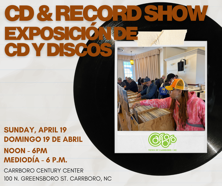 CD & Record Show promo with record as background and image of people shopping at the show