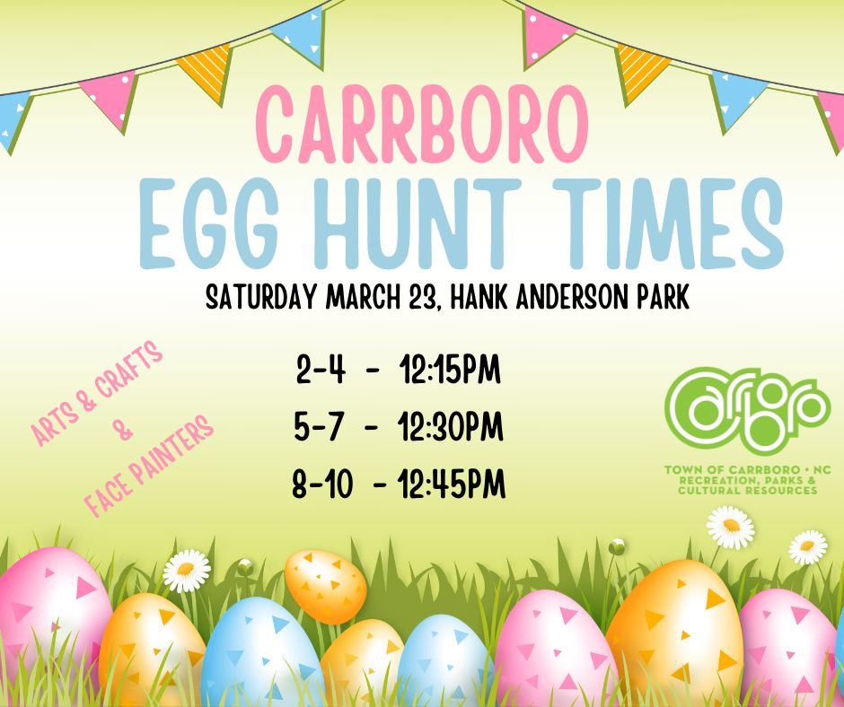 Graphic providing information for the Carrboro Community Egg Hunt for different age groups